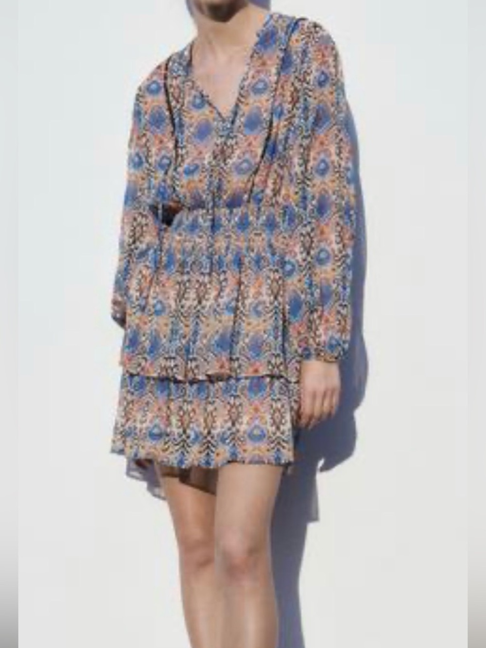 ZARA Bohemian Blue & Coral Printed Tiered Long-Sleeve Dress size M